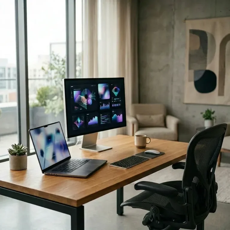 Bureau professionnel avec ordinateur pour travail digital.